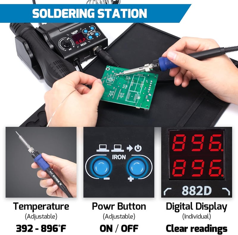 WeP 882D Soldering Iron Station 2-IN-1 SMD Hot Air Rework Station with 2 Spools of Solder Wire, 5 Soldering Tips, 3 Hot Air Nozzles, Brass Wool Tip Cleaner, Tweezers, Desoldering pump - Image 5